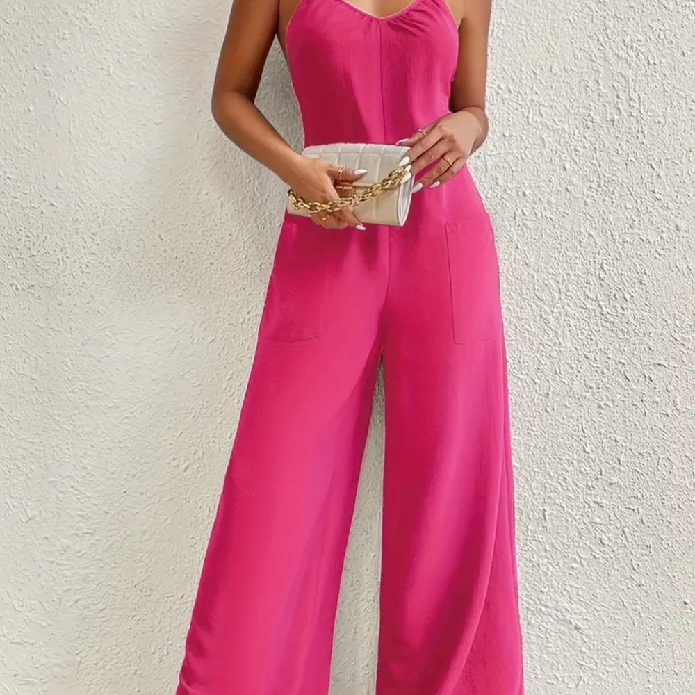 Fuchsia Jumpsuit with Wide-Leg Palazzo Pants and Sweetheart Neckline
